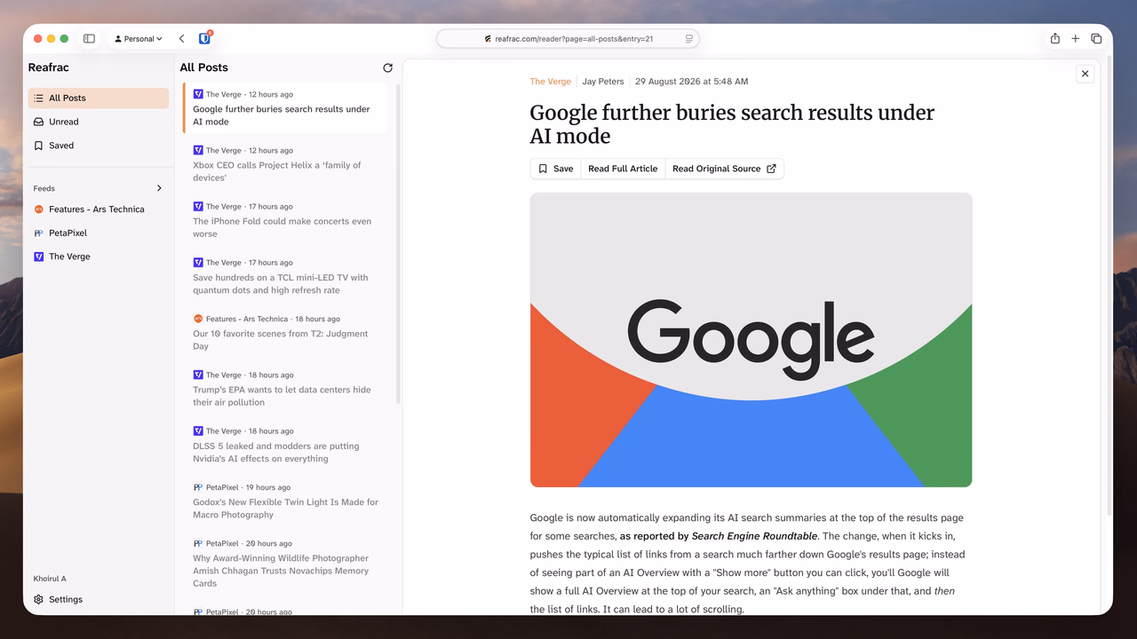 Reafrac showing the feed library, chronological post list, and full article reader